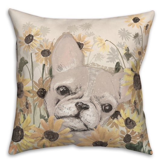 18" x 18" Frenchie Sunflower Field Indoor/Outdoor Throw Pillow